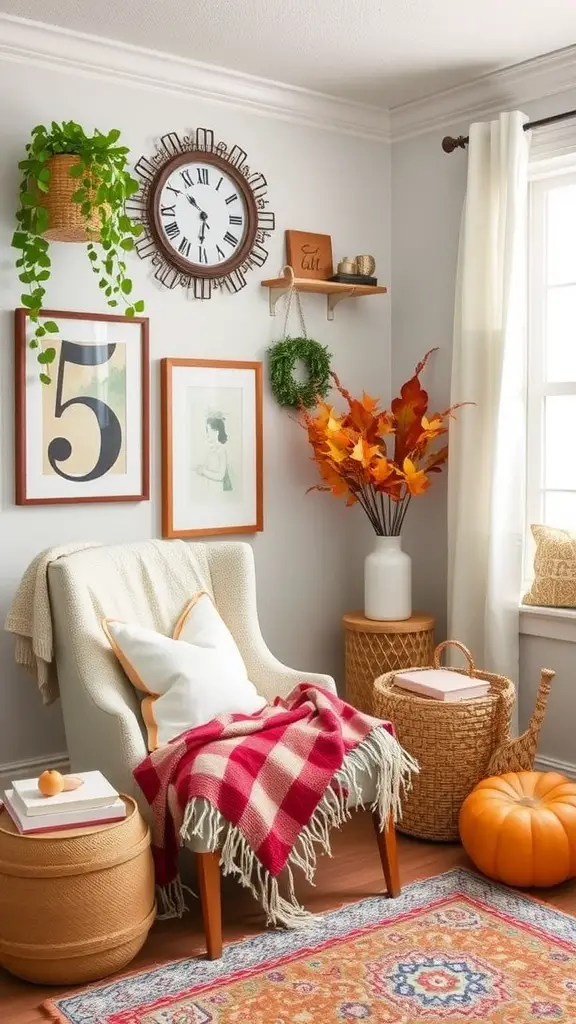 A cozy nook with a chair, table, pumpkins, and flowers by a window