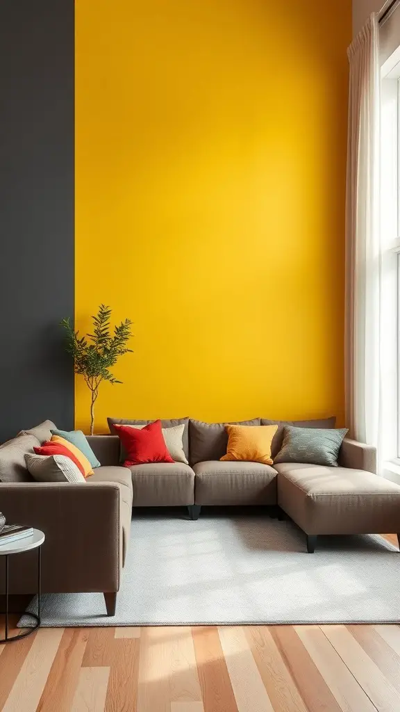 Living room with yellow accent wall and gray wall, featuring a cozy sectional sofa with colorful cushions and a small plant.