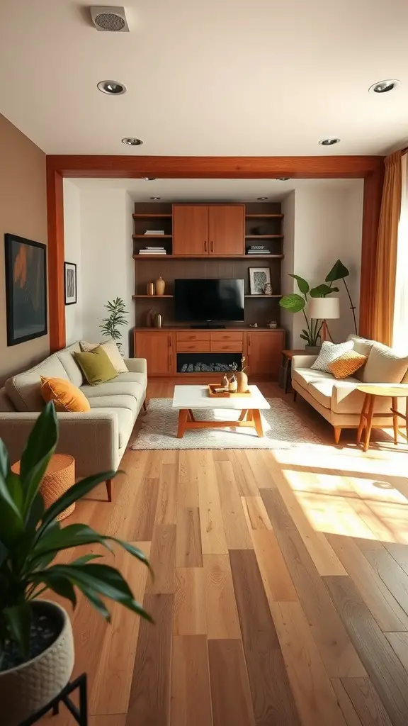A stylish living room with wood floors, featuring a cozy sofa and armchair, coffee table, and entertainment center, creating distinct zones.