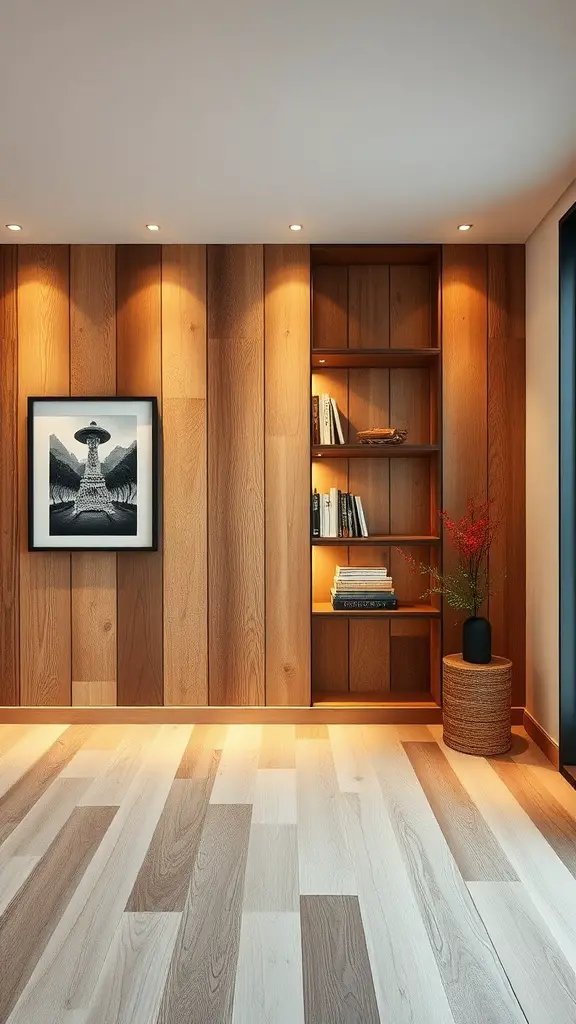 A modern living room featuring a barn wood accent wall with vertical planks, black and white artwork, a wooden shelving unit, and warm lighting.