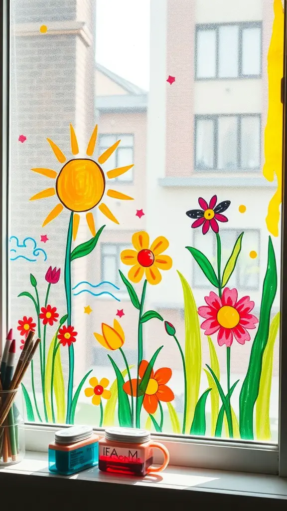 Colorful window art with ‘SUAPPY SUMMER SUMMER’ text and flower designs.