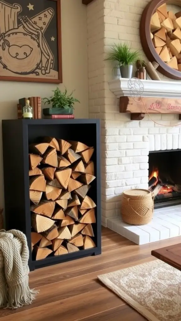 Creative firewood storage solutions in a cozy living room with a fireplace.
