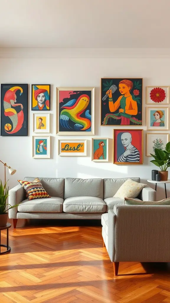A living room with creative wall art and wooden floors, featuring colorful framed artworks on a white wall.