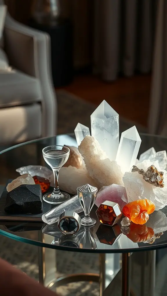 A stylish arrangement of various crystals and gemstones displayed on a glass table in a cozy living room setting.