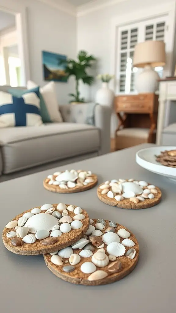 Custom coasters made with seashells on a table