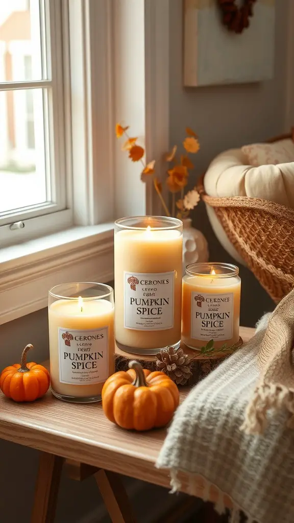 Two pumpkin spice candles on a table with small pumpkins, surrounded by fall decor.