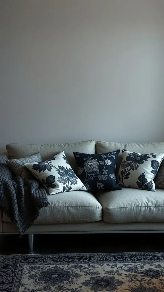 A cozy living room couch with dark floral throw pillows.