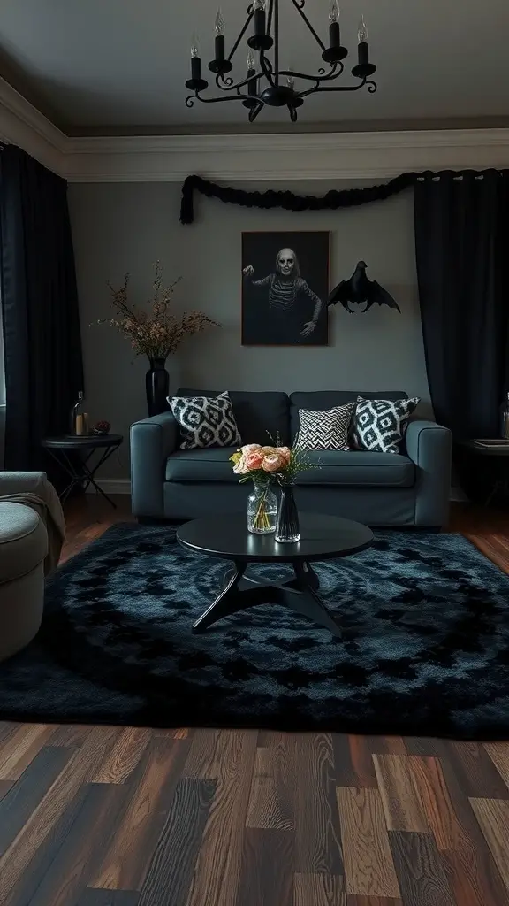 A cozy witch aesthetic living room featuring a dark area rug, stylish furniture, and artistic decor.