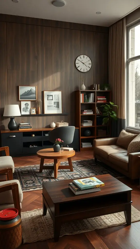 A stylish living room featuring dark wood furniture, cozy seating, and decorative accents.