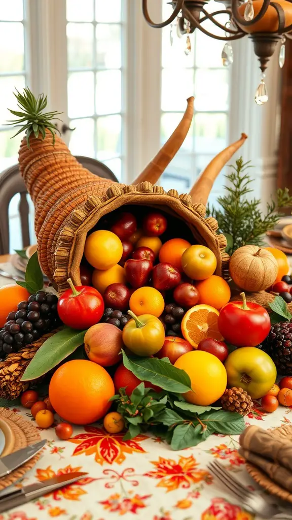 A cornucopia overflowing with various fruits and vegetables, placed on a dining table with warm hues.