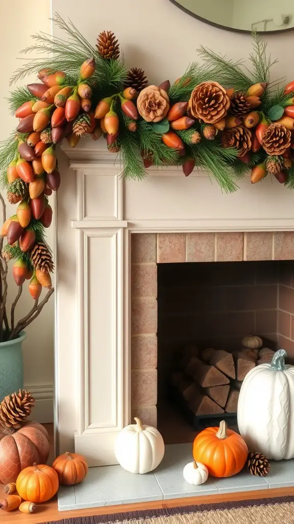 A beautifully arranged acorn and pinecone garland over a fireplace, surrounded by decorative pumpkins.