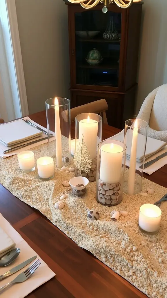 A beautiful beach-themed centerpiece featuring candles, seashells, and a starfish.
