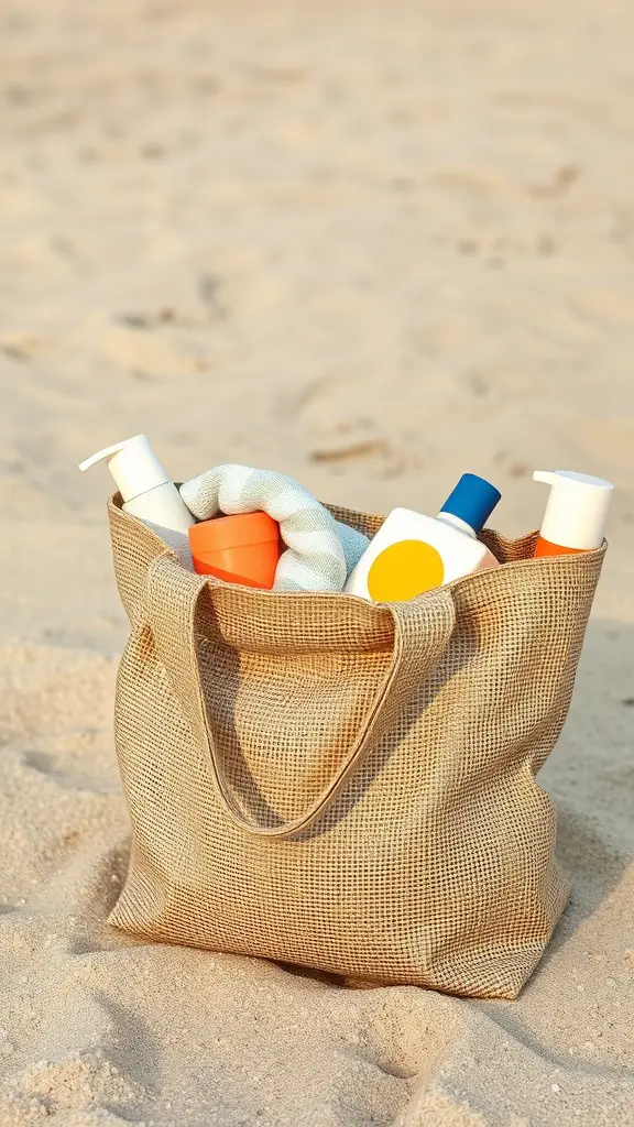 A burlap tote bag filled with sunblock and a towel sitting on the beach sand.