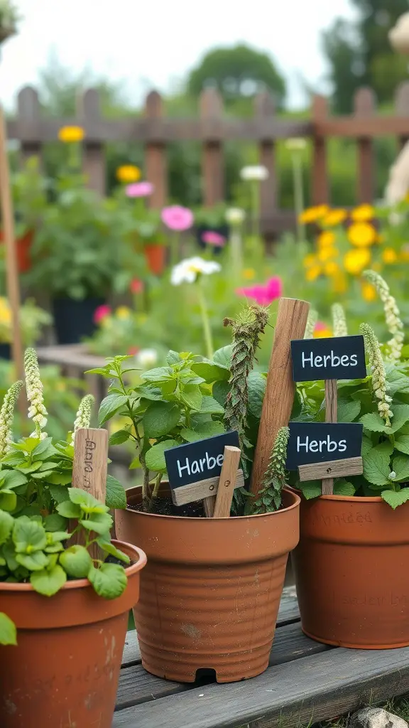 Image of terracotta pots with herbs labeled with wooden sticks in a garden
