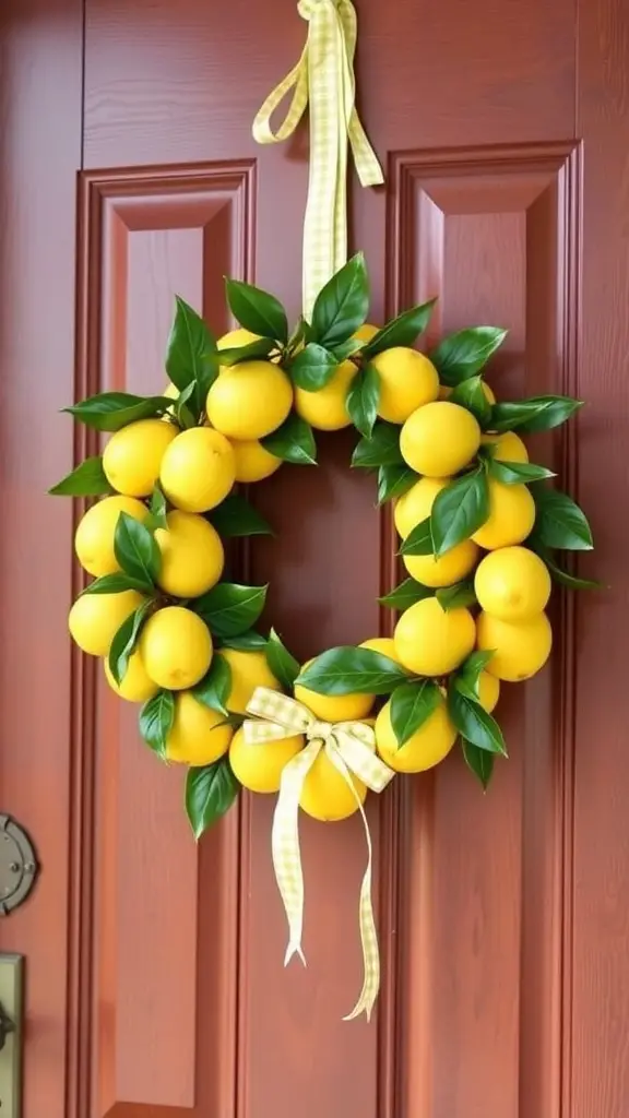 A DIY lemon wreath with bright yellow lemons and green leaves hanging on a brown door.