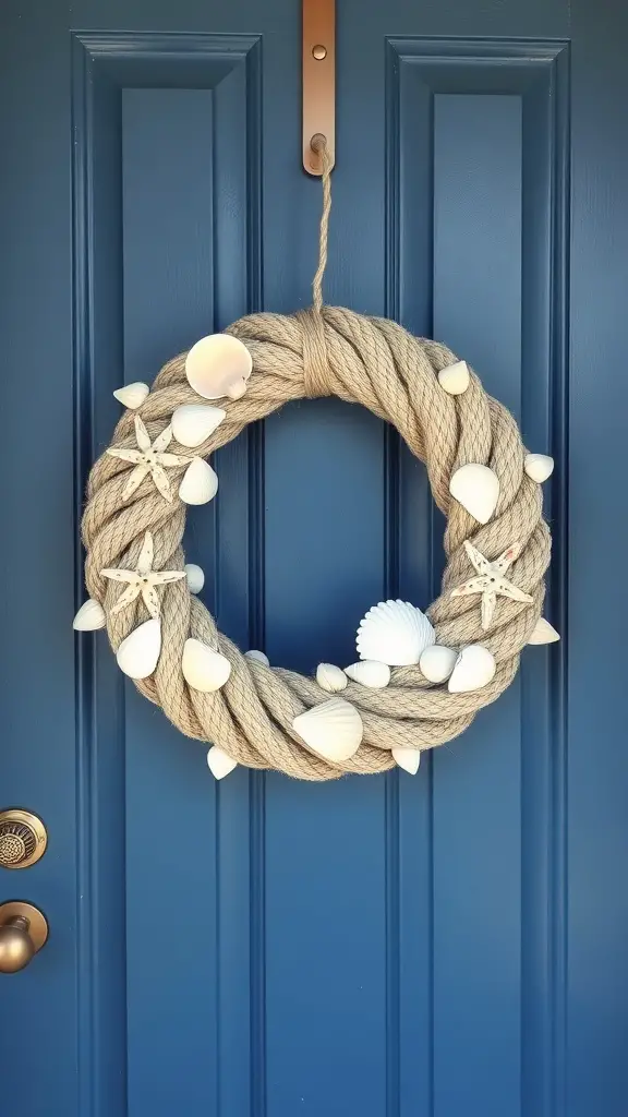 A nautical rope wreath decorated with seashells and starfish hanging on a blue door.
