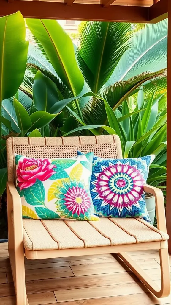 A wooden chair with colorful outdoor pillows surrounded by lush green plants.