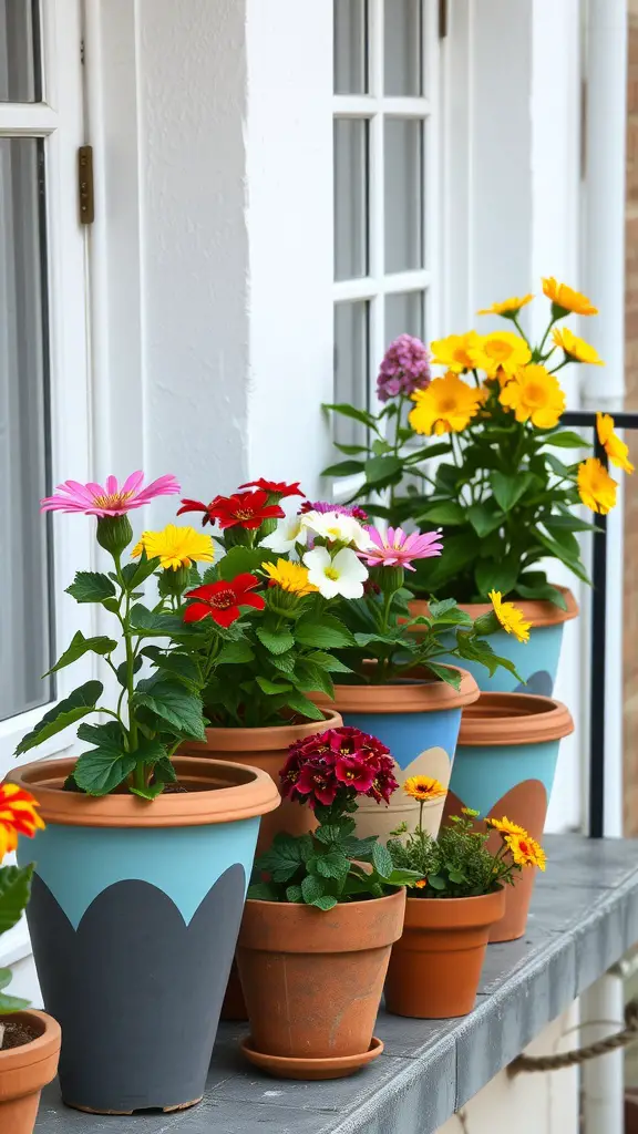 Colorful painted terracotta pots displayed with vibrant flowers