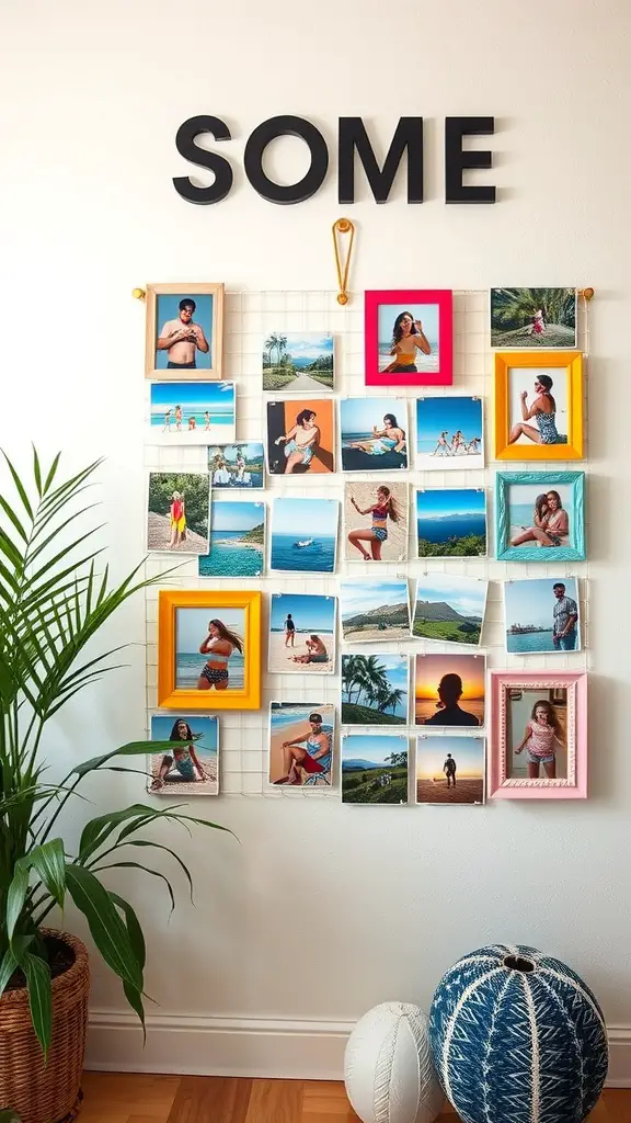 A colorful DIY photo collage on a wall featuring summer photos in various frames with the word 'SOME' above it.