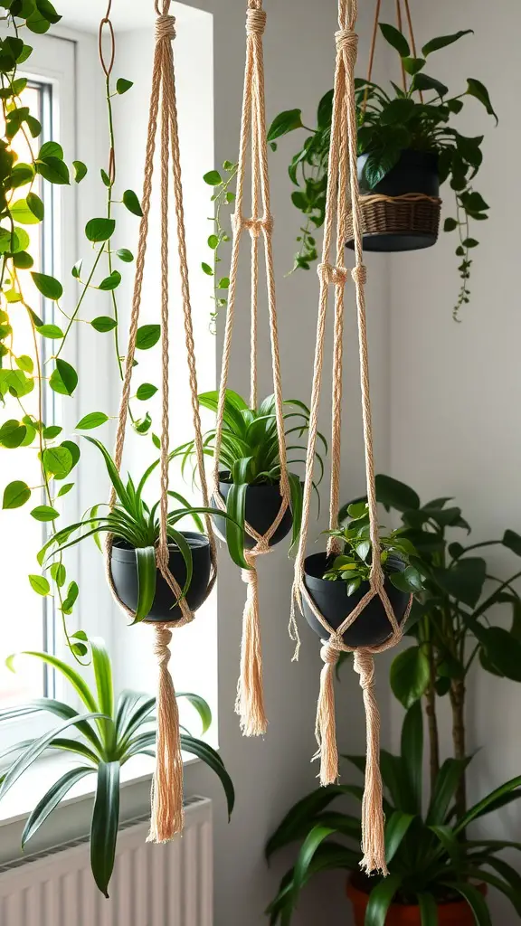 Three macramé plant hangers with indoor plants, hanging near a window