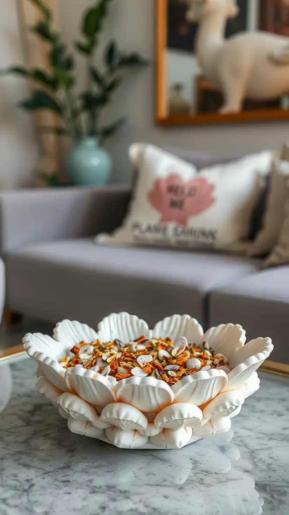 A decorative seashell bowl filled with dried flowers and seeds, placed on a marble table.