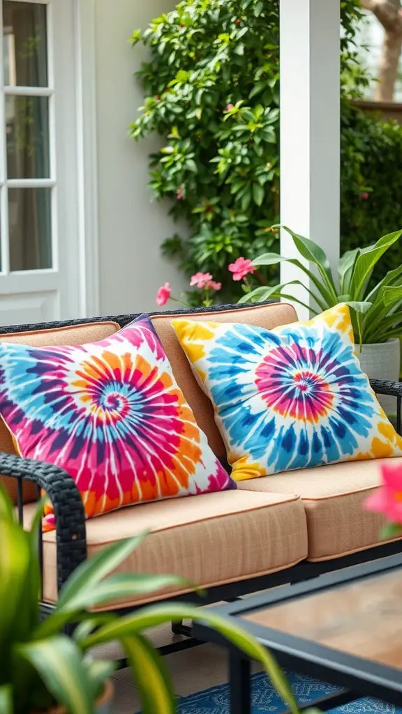 Two vibrant tie-dye pillow covers on a cozy outdoor sofa surrounded by plants.