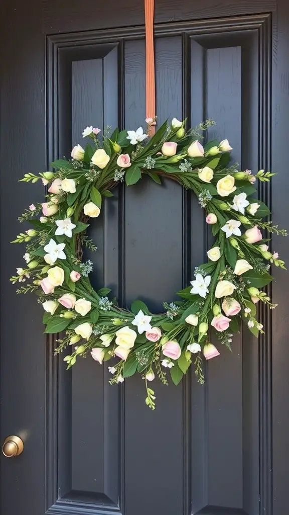 A decorative wreath made of pink and yellow roses, white flowers, and green leaves hanging on a dark door.