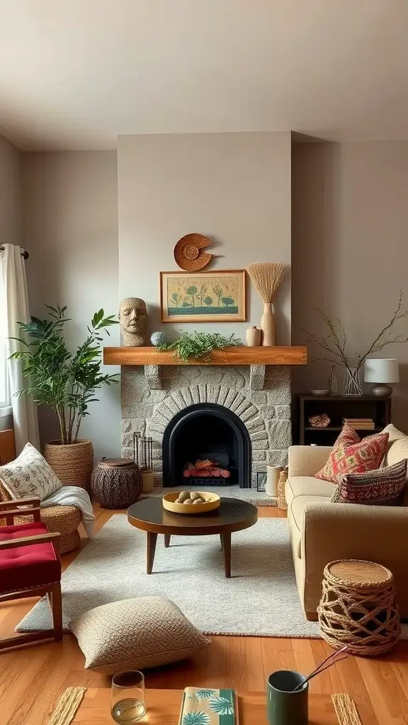 A cozy living room with earthy colors, a stone fireplace, and natural decor.