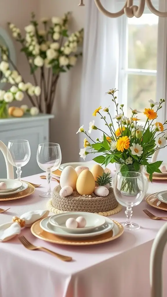 Easter-themed table setting with pastel eggs and flowers