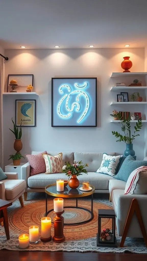 Eclectic living room decor featuring a neon art piece, cozy seating, decorative cushions, and various candles.