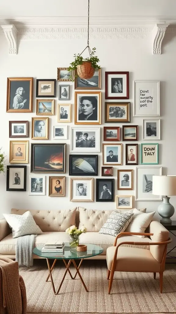 Eclectic gallery wall with a mix of framed artwork and photographs