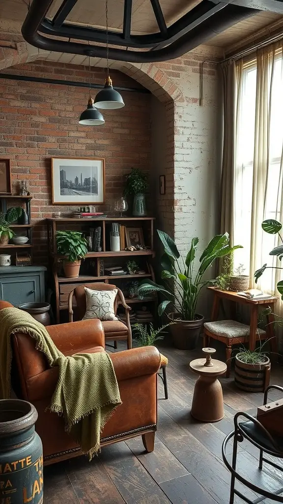 A cozy room featuring a leather armchair, plants, and vintage decor elements.