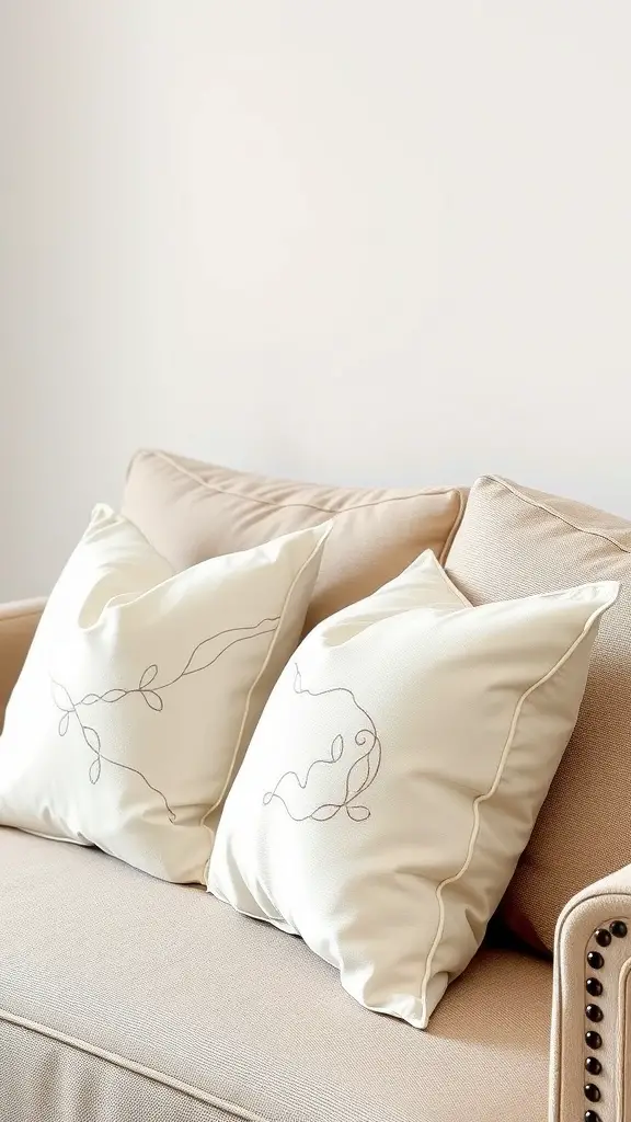 Two cream-colored accent pillows with simple designs on a beige sofa.
