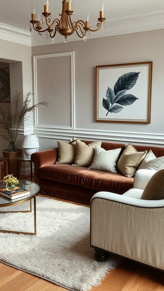 A cozy living room featuring a deep rust velvet sofa, a light-colored armchair, a shaggy rug, a glass coffee table, and elegant decor.