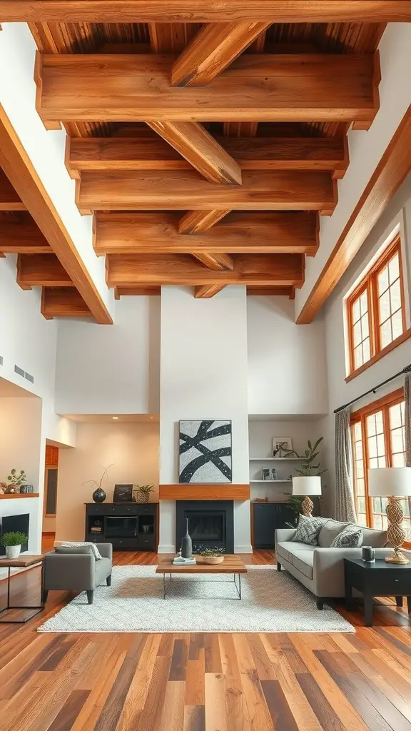 Living room with a stylish wood beam ceiling, showcasing natural wood tones and a cozy atmosphere.