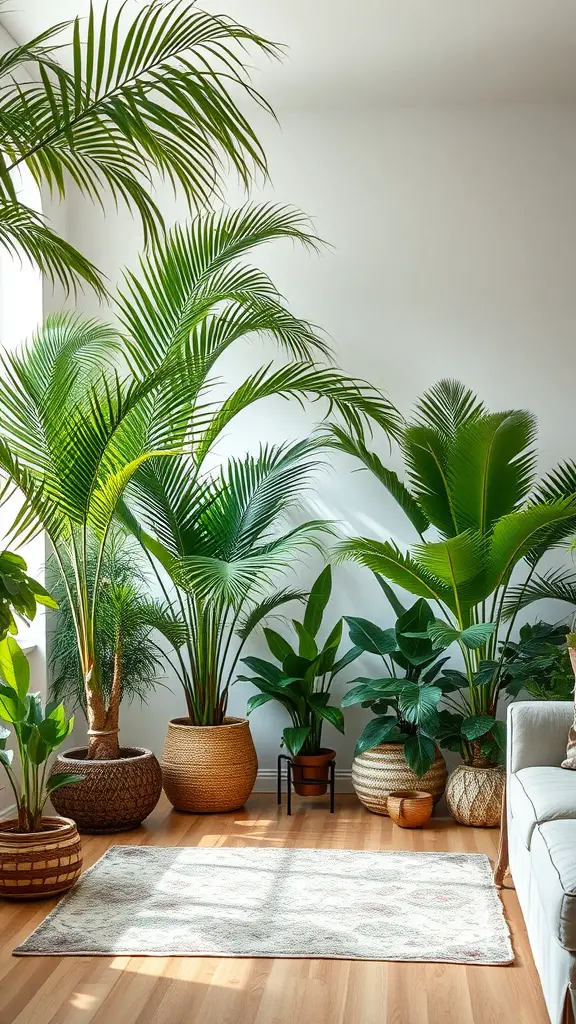 A cozy room filled with various exotic indoor palm plants in decorative pots.