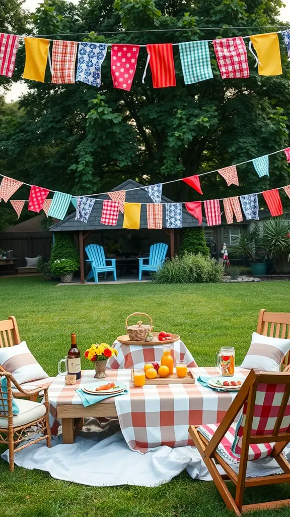 Colorful fabric scrap bunting hanging in a backyard