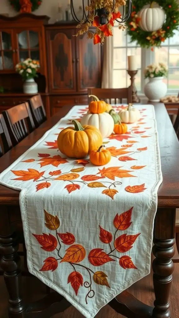 A table set with a fall-themed table runner decorated with autumn leaves and pumpkins.