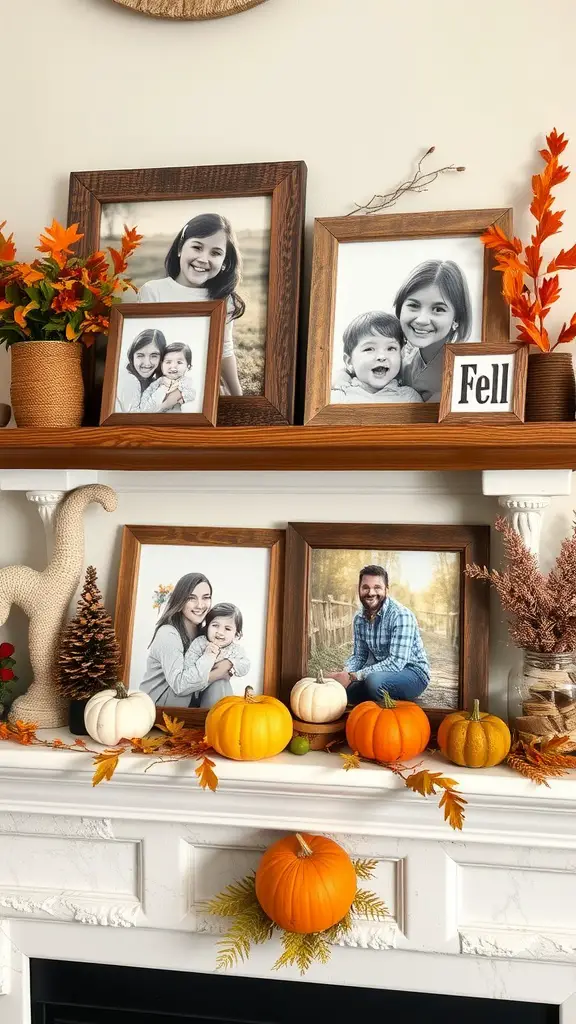 A fireplace mantel decorated with family photos in seasonal frames, fall leaves, pumpkins, and pinecones.