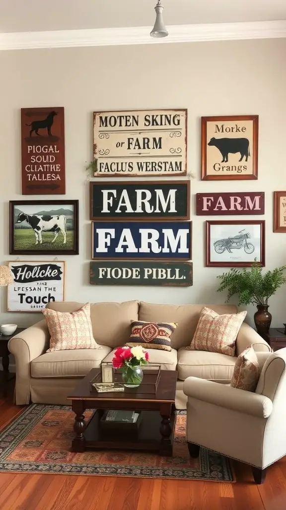 A cozy living room featuring various vintage farm-themed wall art.