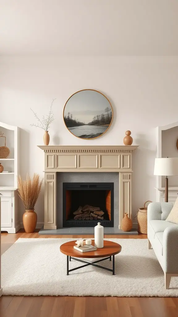 A cozy living room featuring a beige fireplace with a round mirror above, surrounded by neutral decor.
