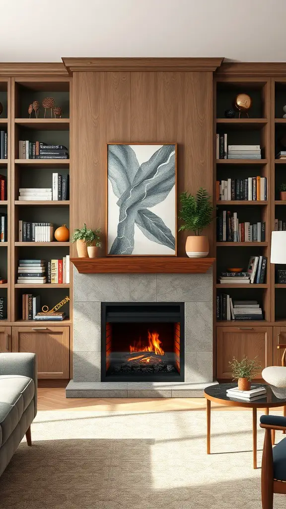 Living room featuring a fireplace with built-in shelving and art decoration above.