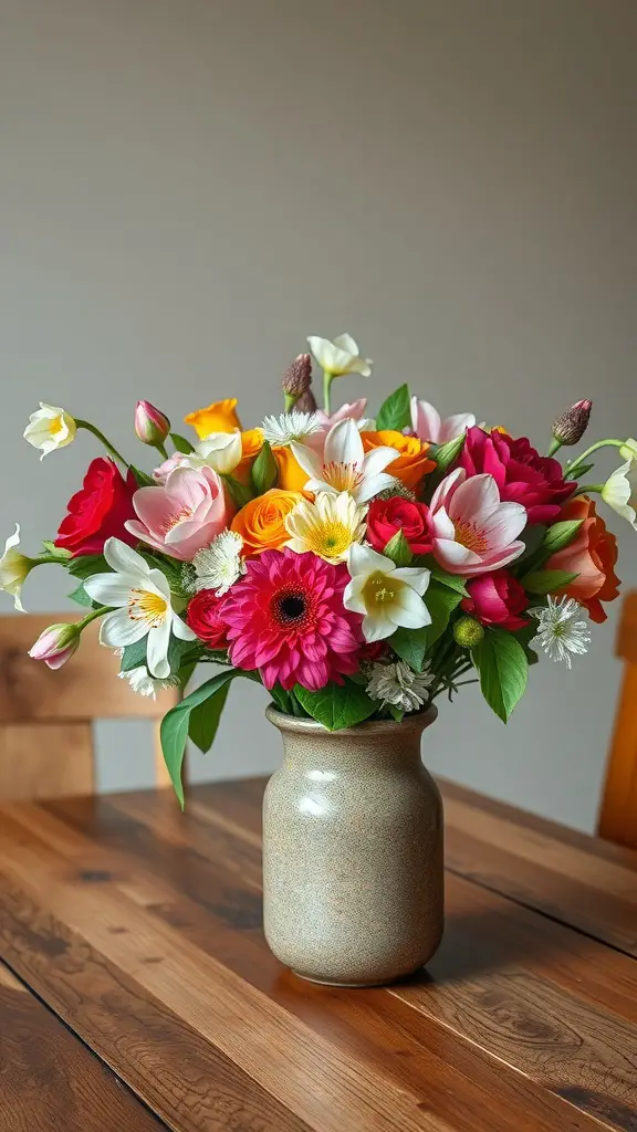 Colorful floral centerpiece in a vase on a wooden table