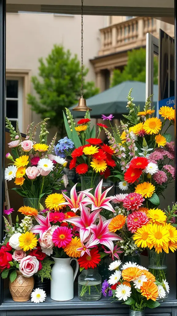 Colorful window display featuring a variety of flowers in different vases.