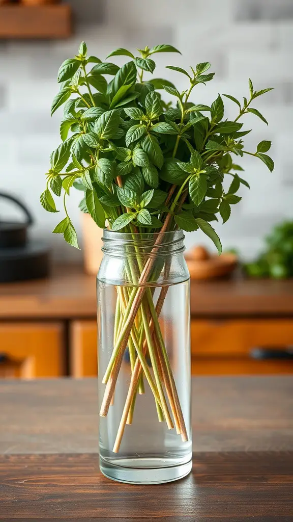 A vase filled with fresh mint leaves on a wooden table.