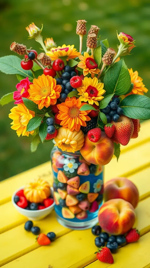 A colorful vase filled with peaches, raspberries, and blueberries, surrounded by more fruit on a rustic table.
