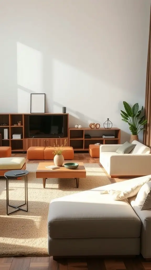 A stylish 70s aesthetic living room with modular furniture, bright colors, and a cozy atmosphere.