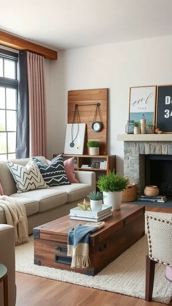 A cozy living room with a rustic coffee table, comfortable sofa, decorative pillows, and wall art.