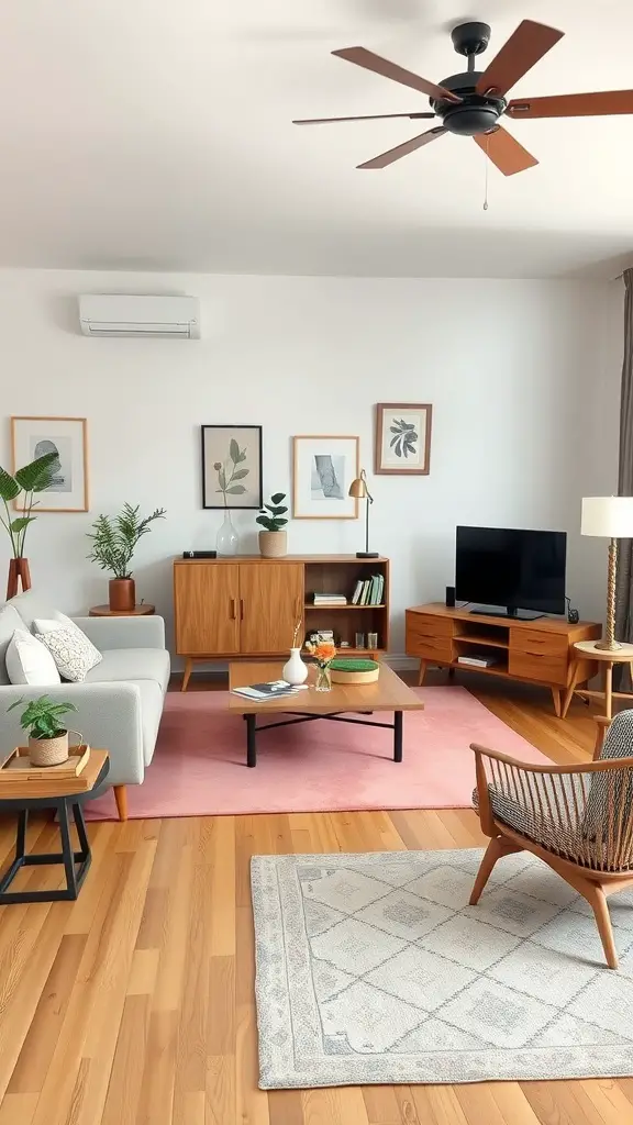 A stylish living room with wood floors, featuring a gray sofa, multi-purpose coffee table, and cozy accent chair.
