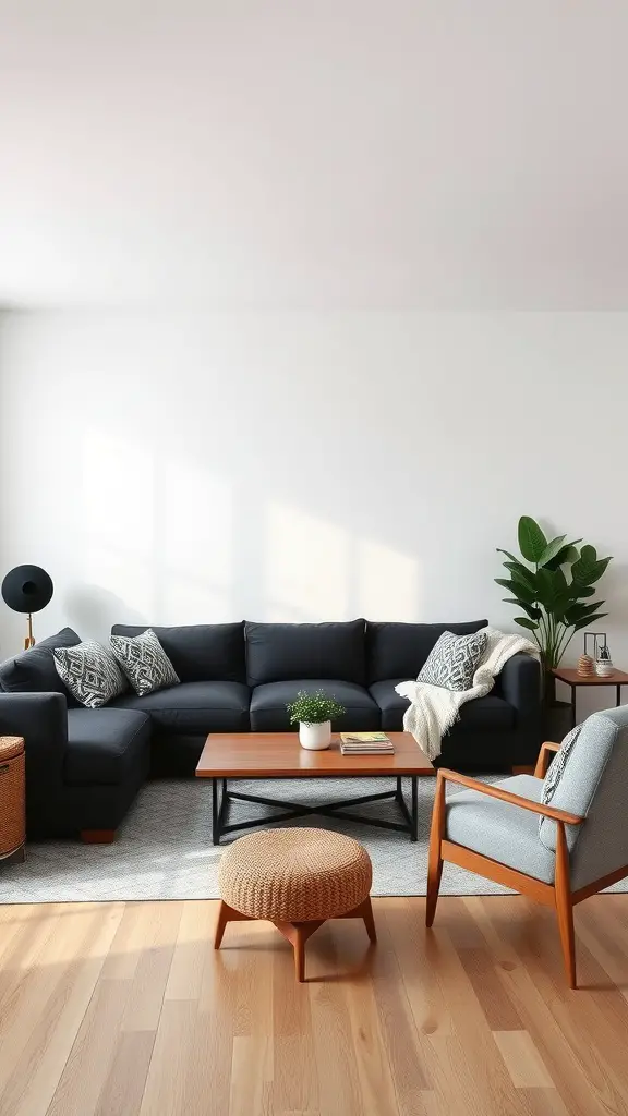 A cozy living room featuring a stylish black sectional sofa, a wooden coffee table, a round pouf, and a green plant, all arranged for comfort and functionality.
